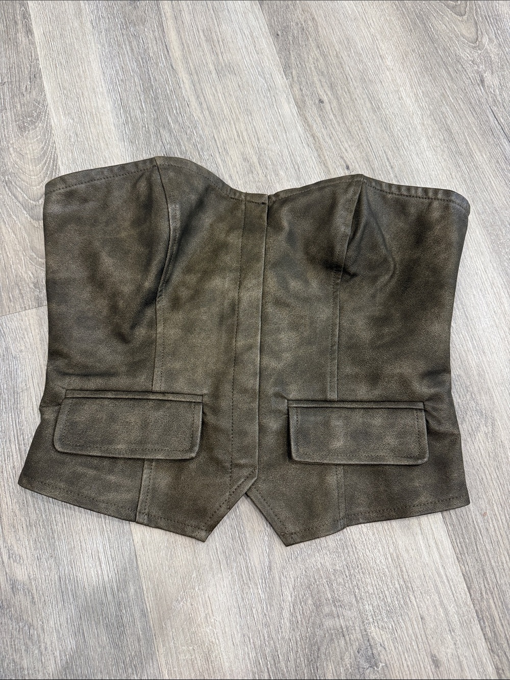 Edikted Olive Green Lace-Up Corset  Tube Top Faux Leather with Flaps - Picture 2 of 3
